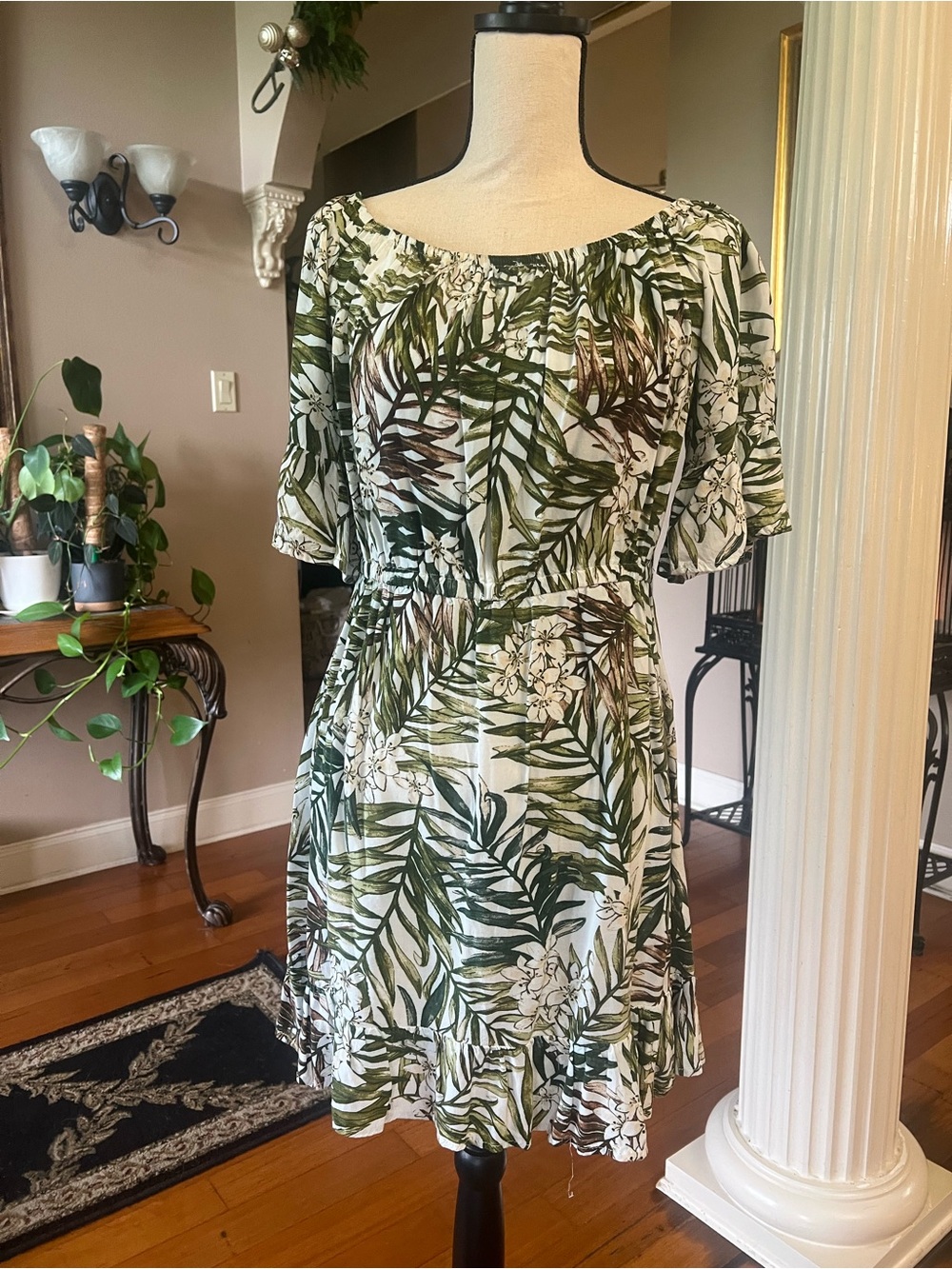 New Look Green and White Tropical Off-Shoulder Mini Dress